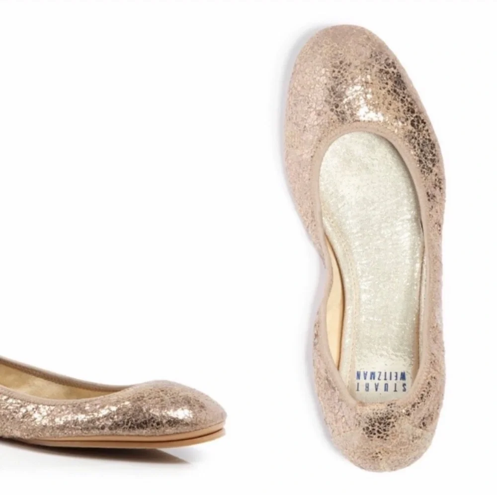 STUART WEITZMAN FRISKY CRACKLED NATURAL KID PENNY BALLET FLATS METALLIC …